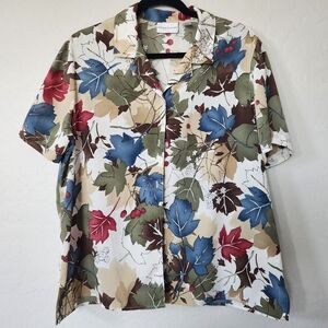 Alfred Dunner Blouse Top 16 Floral Leaf Button Up Short Sleeve Collar Crepe
